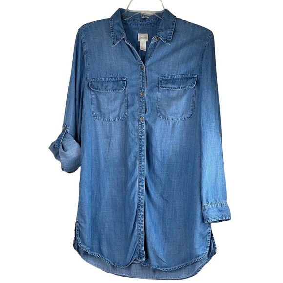 Chico's Sz 0P Petite Small Denim Shirt Jacket Light Wash Long Sleeve-roll Tab - Picture 1 of 7